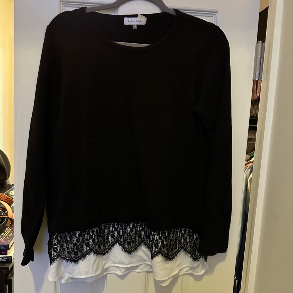 Calvin Klein Black Top with White Lace Hem